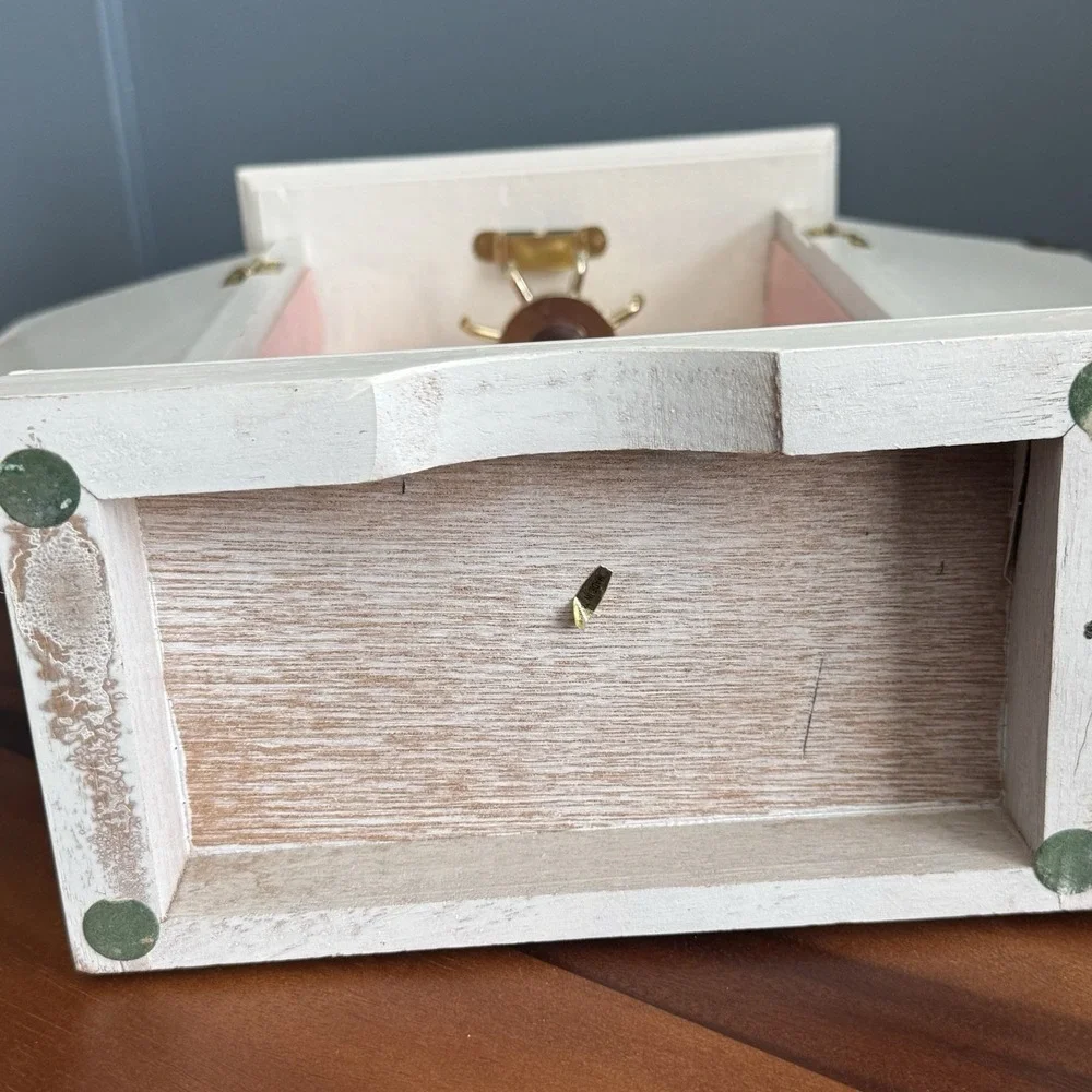 White Musical Jewelry Box with Pink Velvet Lining Mirror‎ Hooks Wood Velvet